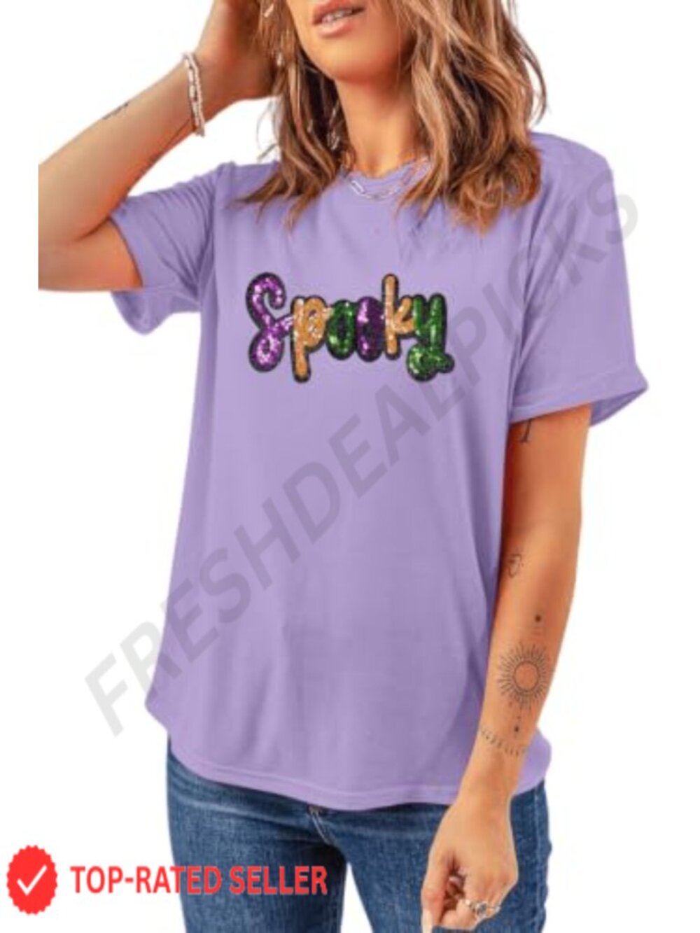 Halloween Sequin Pumpkin Tee Women's Crewneck Short Sleeve Top